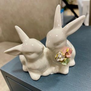 Easter Bunny Couple Ivory Ceramic with Pink & Green Flowers NEW